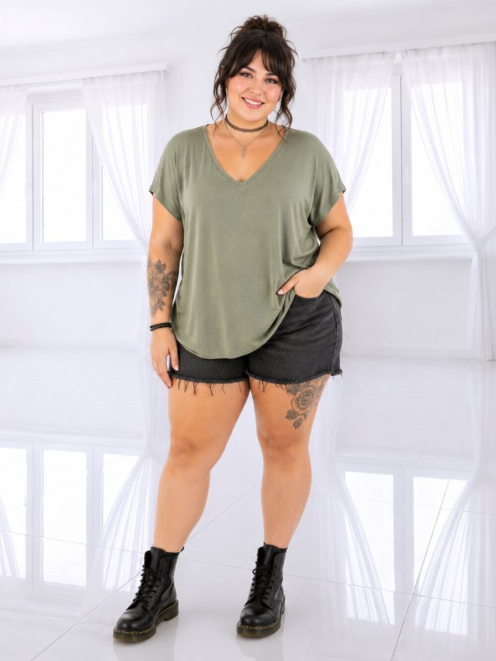 Cotton On Olive Green V-Neck Grunge Tee Soft Minimalist Relaxed Top
